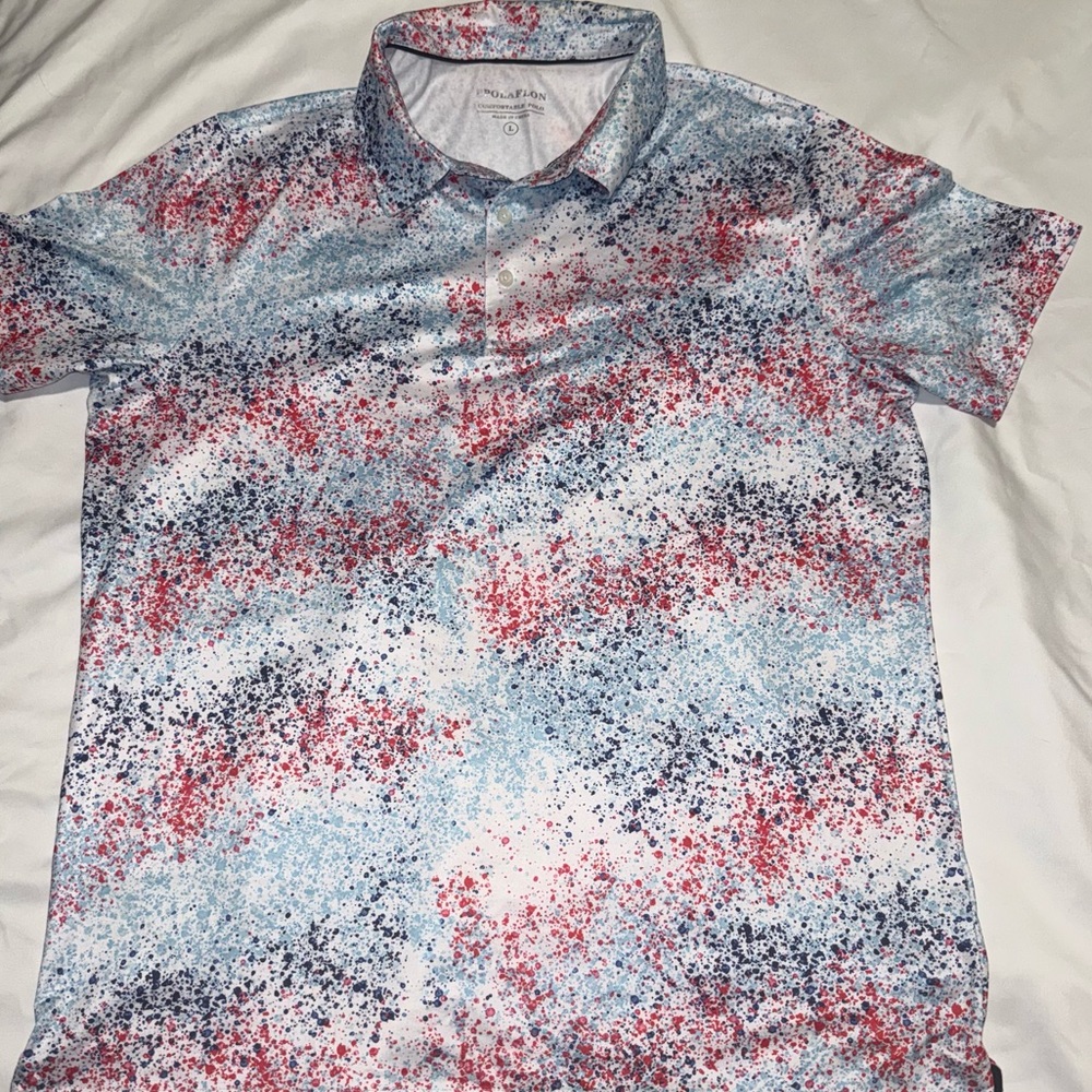 ⛳️PPOLAFLON Red White Blue Paint Splatter Golf Polo Shirt Size Large Performance